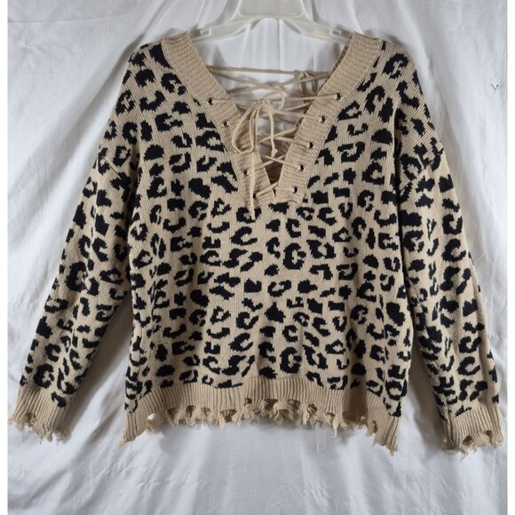 Rue + Sweaters - Rue + Women's Black Tan Tasseled Trellis Leopard Artsy Boho Sweater Plus Size 1X